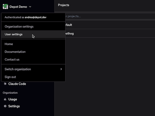 Select User settings from the depot dashboard menu